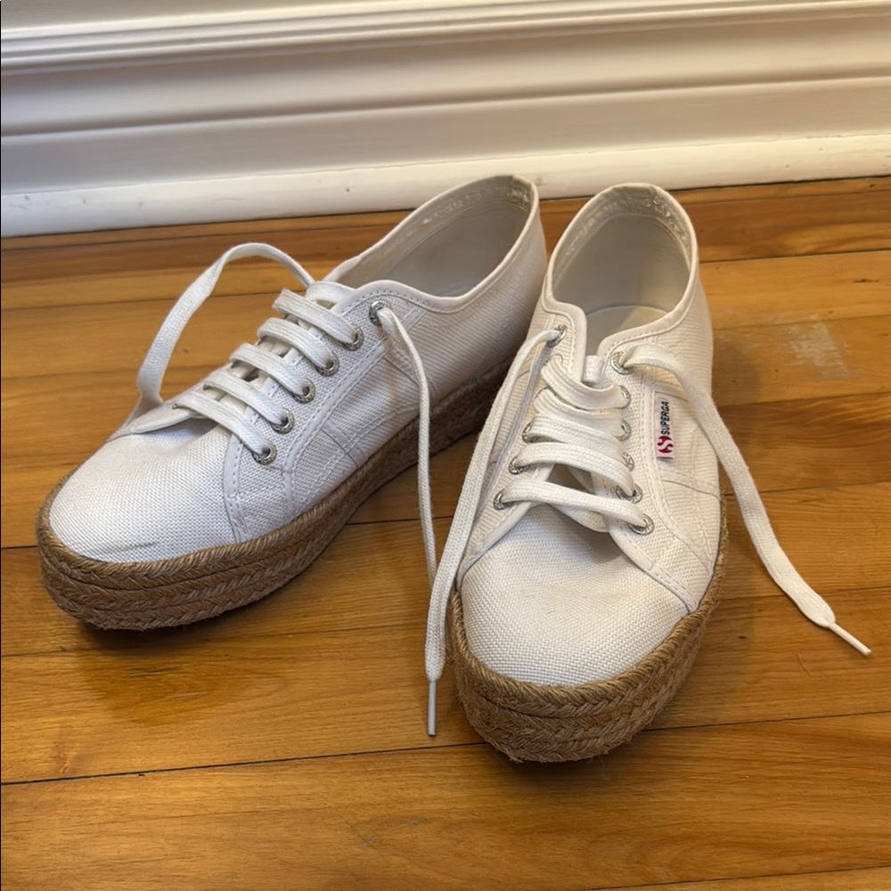Superga Women's White Canvas Espadrille Sneakers with Cork Bottoms
